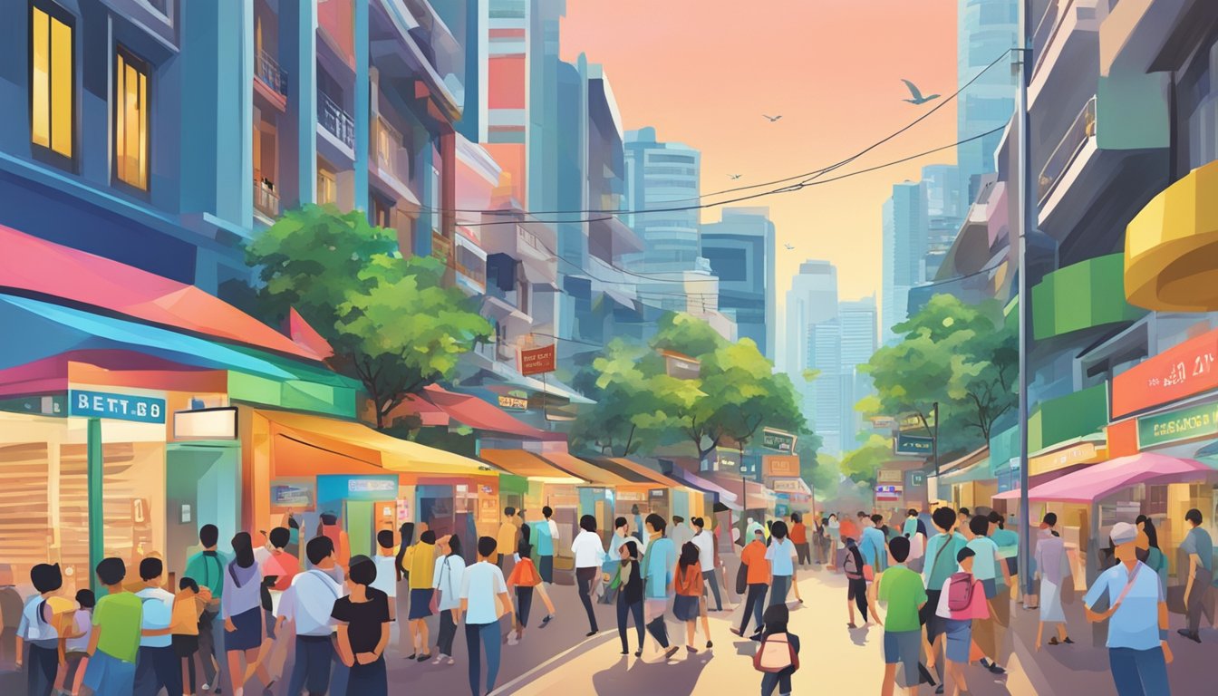 A bustling street near MacPherson, Singapore, with a prominent sign reading "Best Licensed Money Lender." Bright colors and busy foot traffic