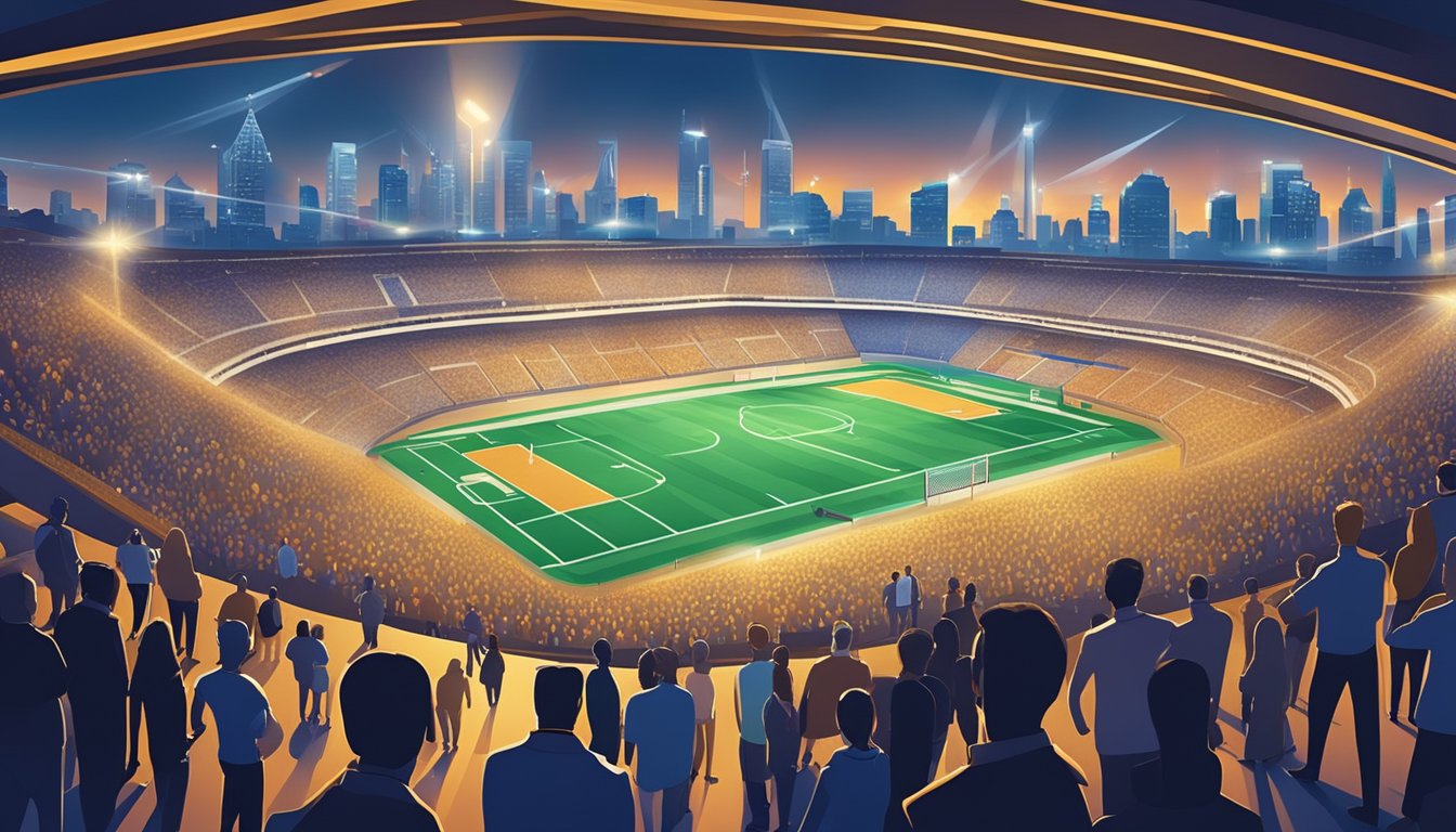 A bustling stadium with a prominent licensed money lender nearby, set against the backdrop of the city skyline. Bright lights and a steady flow of people suggest a vibrant and active atmosphere