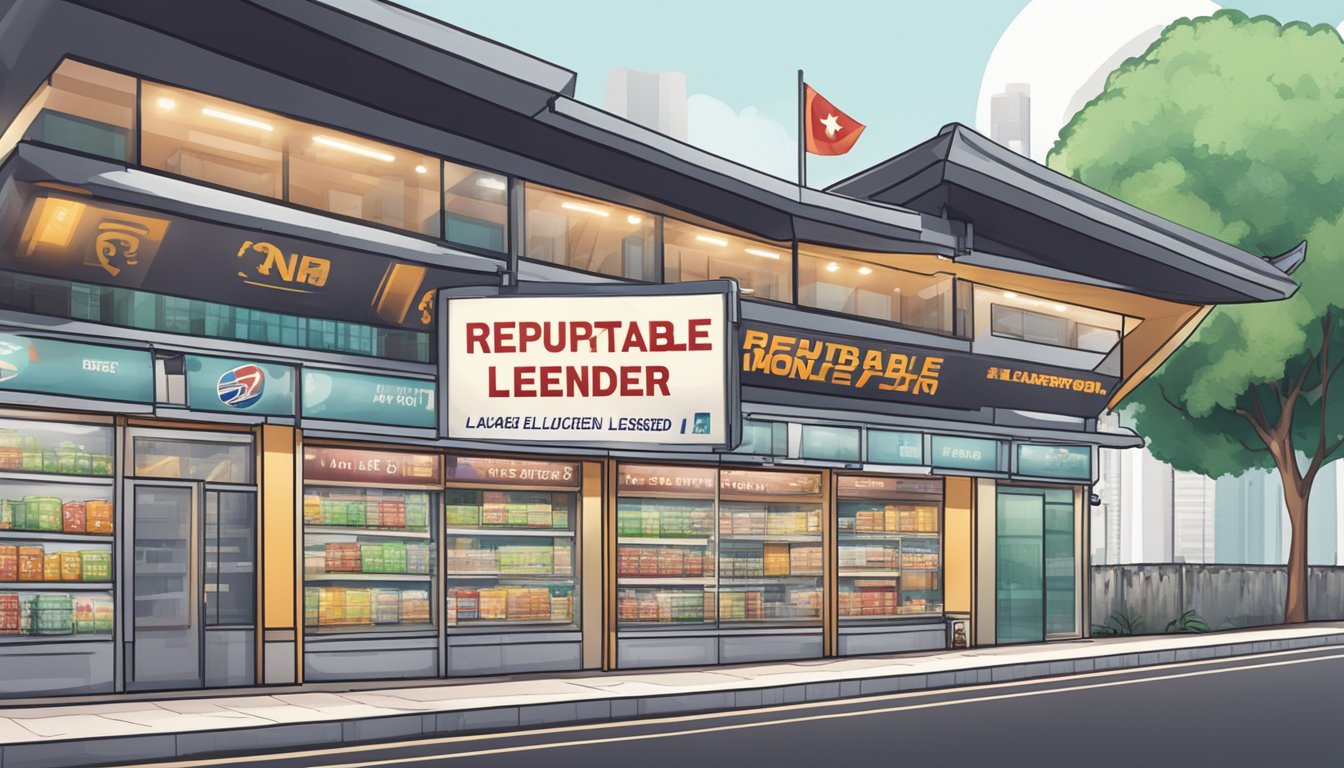 A storefront with a prominent sign reading "Reputable Licensed Money Lender" near a stadium in Singapore. Visible from a distance, with clear signage