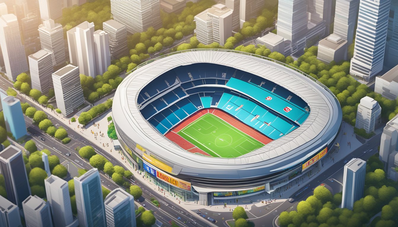 A stadium in Singapore with a prominent licensed money lender nearby, surrounded by bustling crowds and vibrant signage