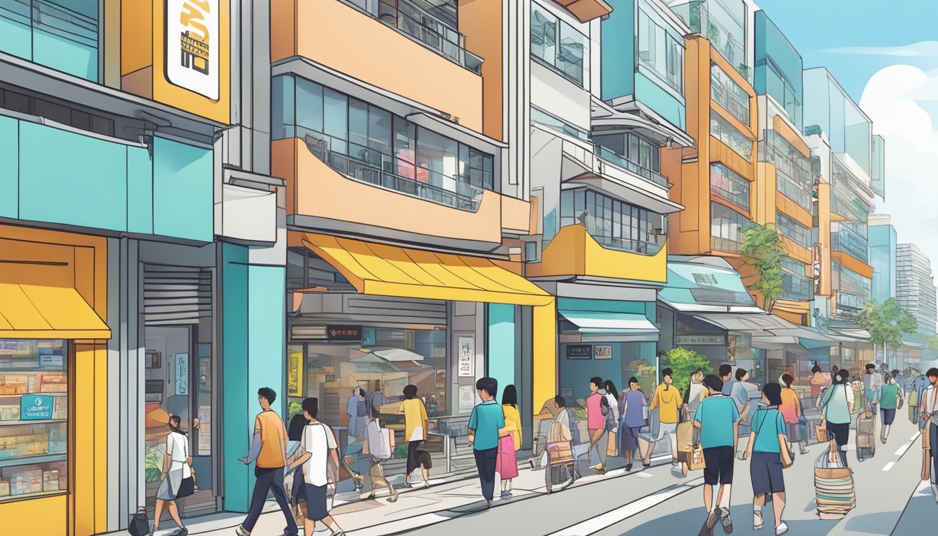 A bustling street in Paya Lebar, with a prominent sign for the best licensed money lender. Bright, modern storefronts line the road, with people coming and going