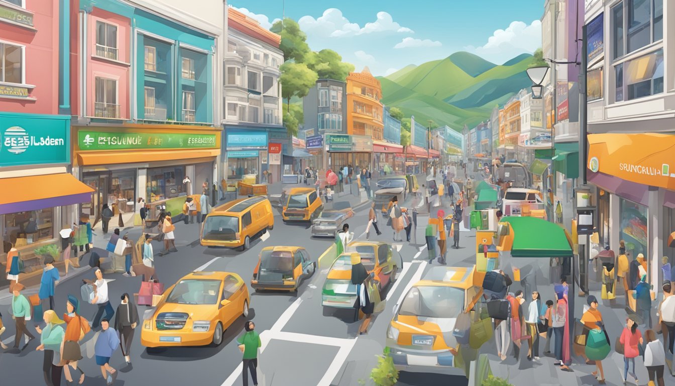 A bustling street near Mountbatten with a prominent licensed money lender sign, surrounded by diverse shops and busy foot traffic
