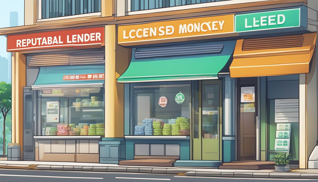 A signboard with "Reputable Licensed Money Lender" in bold letters, located near Mountbatten, Singapore. The storefront is clean and professional, with a clear indication of their licensing status