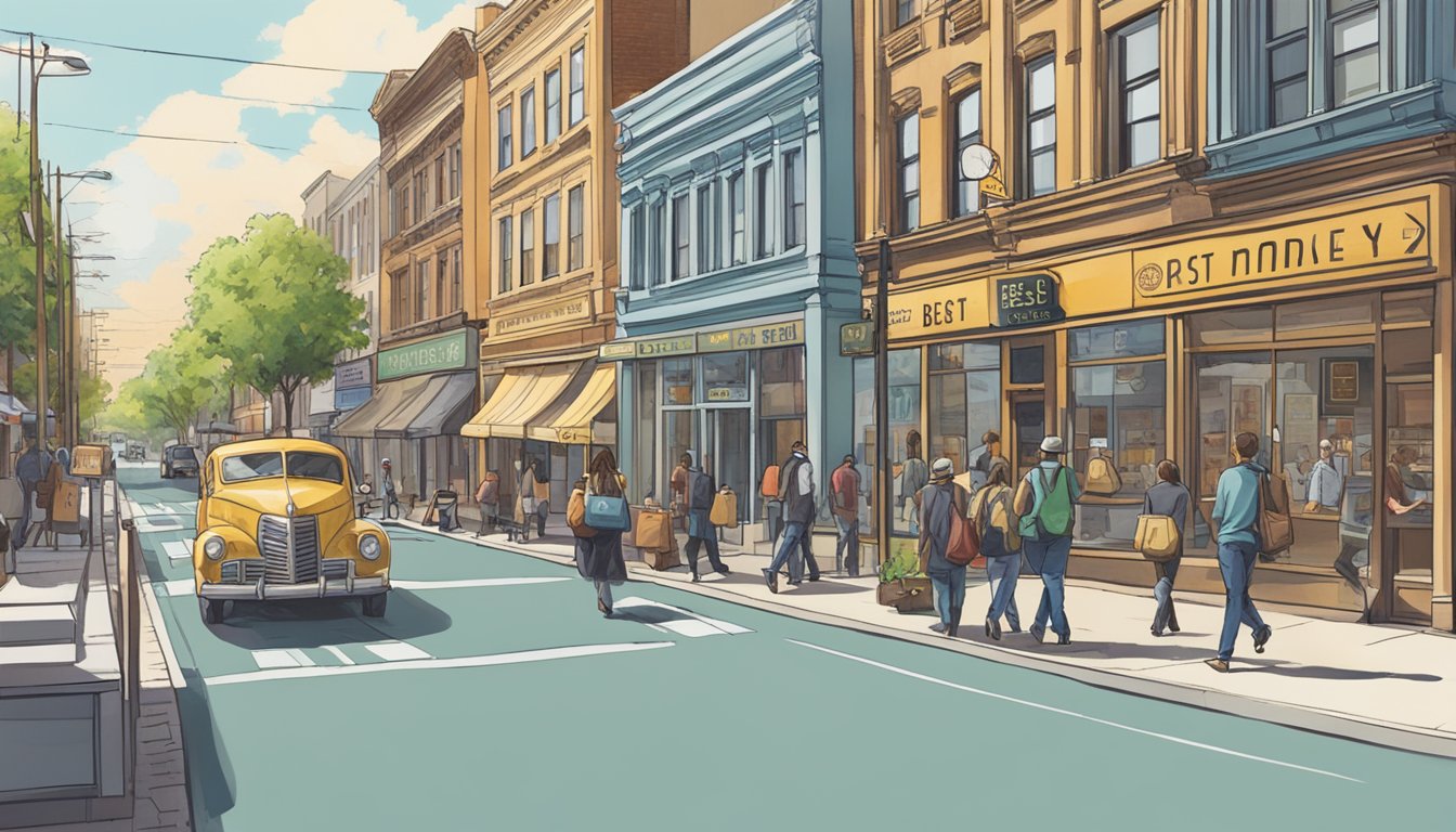 A bustling street near Dakota, with a prominent sign for the best licensed money lender. Pedestrians walk by, and cars pass in the background