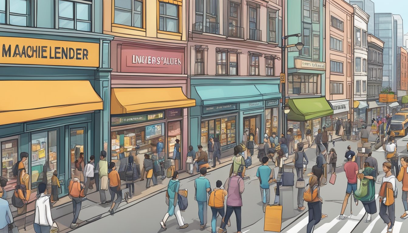 A bustling street near MacPherson with a licensed money lender's storefront, surrounded by diverse businesses and busy foot traffic