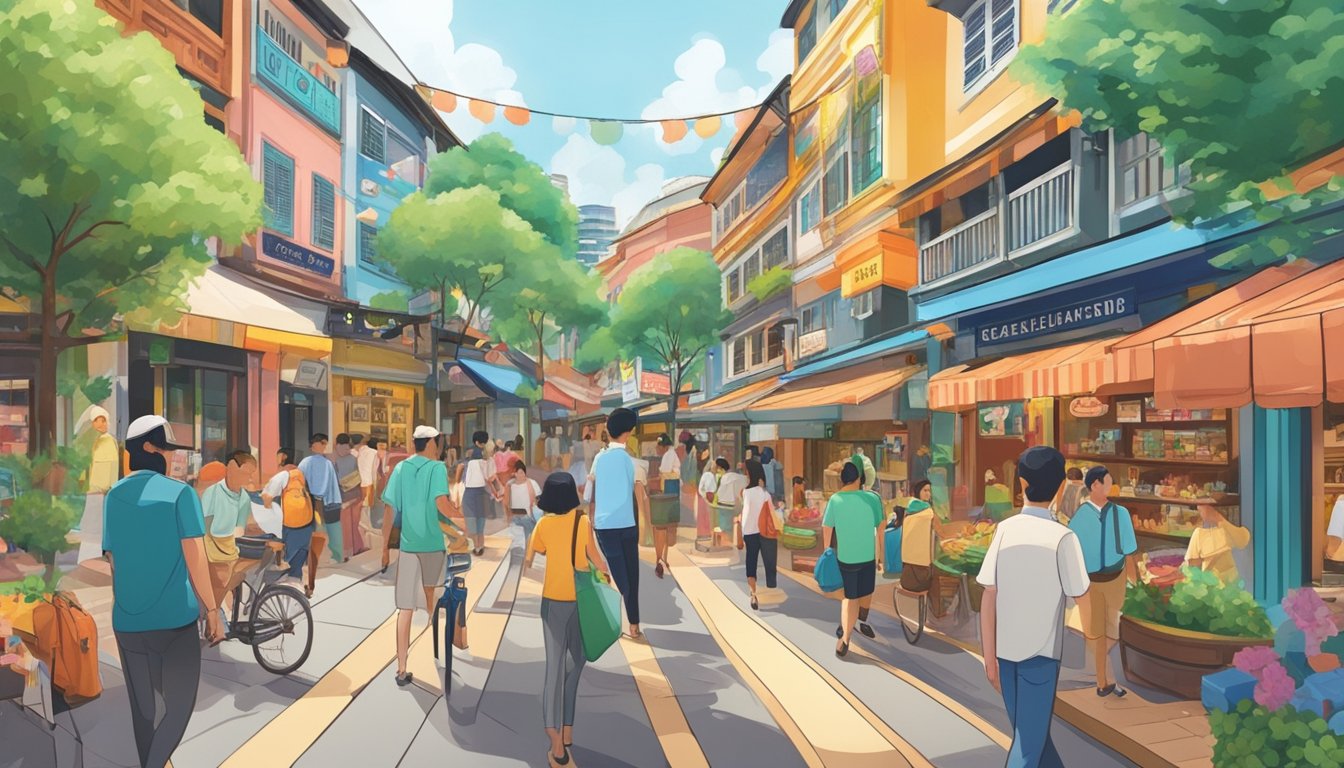 A bustling street in Clarke Quay, with vibrant storefronts and a prominent sign for the Best Licensed Money Lender. The scene is filled with energy and activity, showcasing the bustling nature of the area