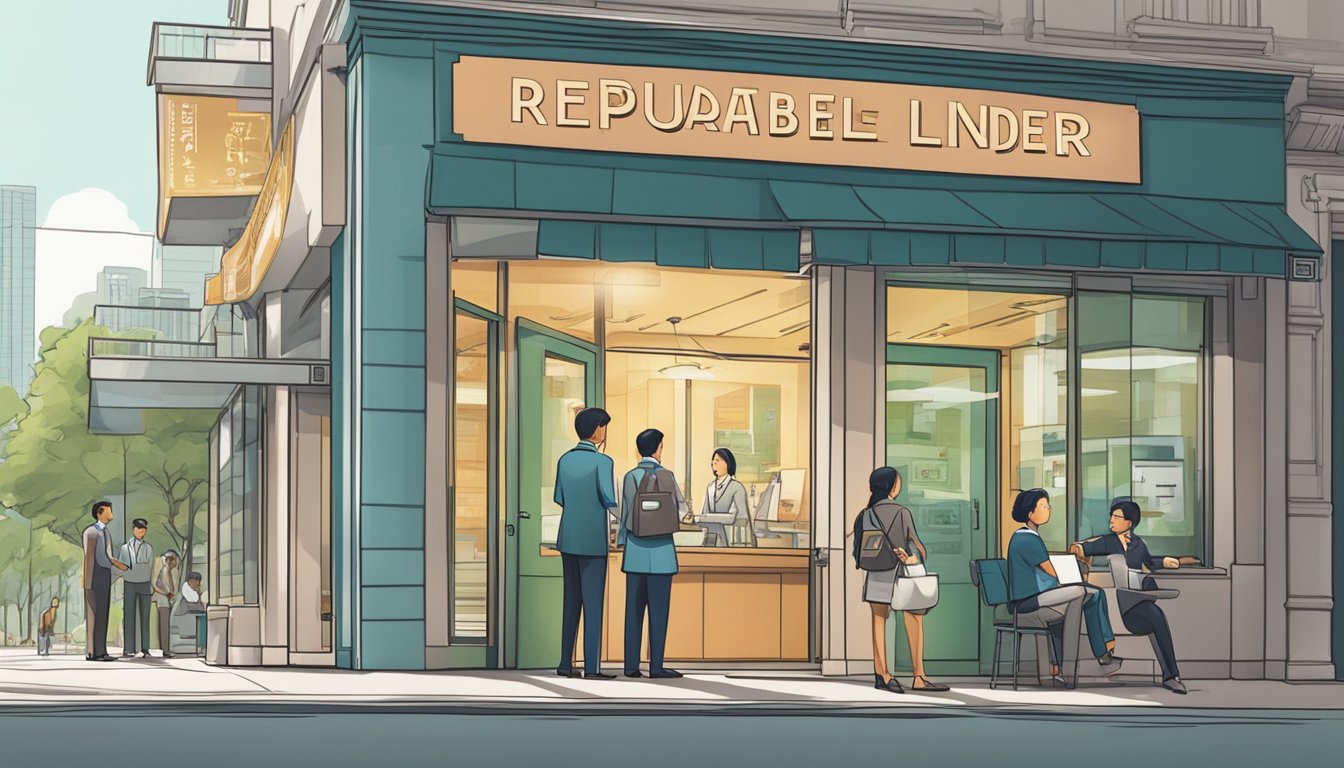 A storefront sign reads "Reputable Licensed Money Lender Near Dakota Singapore." A line of customers waits outside the office, while a professional-looking employee assists a client inside