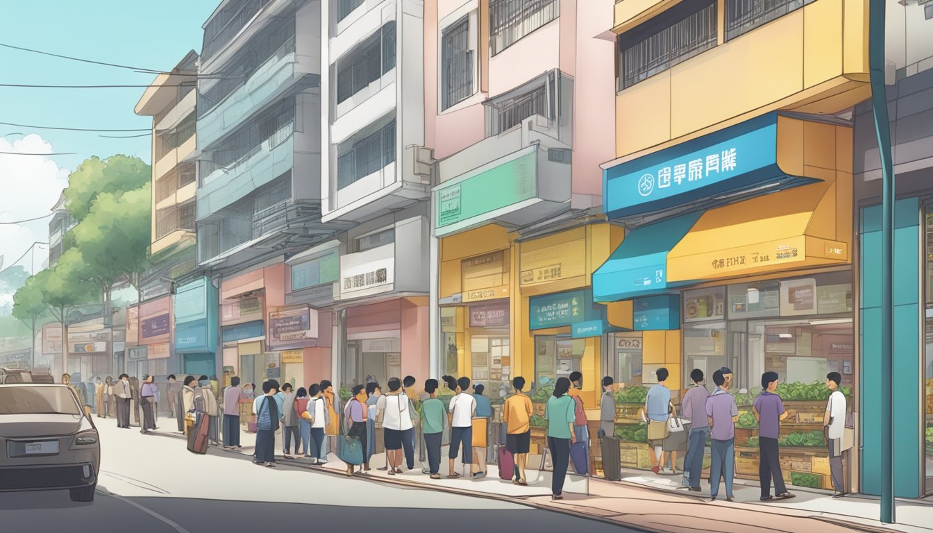 A bustling street in Paya Lebar, Singapore, with prominent signage for licensed money lenders. People queueing and discussing loan terms