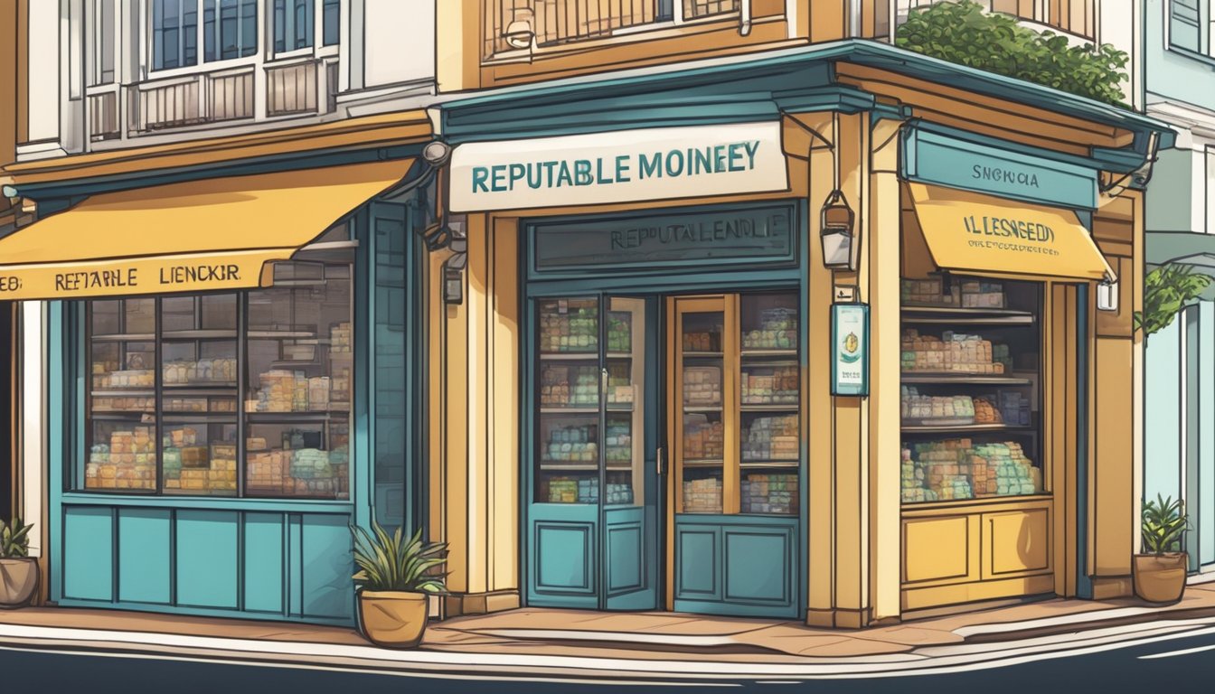 A brightly lit storefront in Clarke Quay, Singapore, with a prominent sign reading "Reputable Licensed Money Lender." The exterior is clean and professional, with a welcoming atmosphere