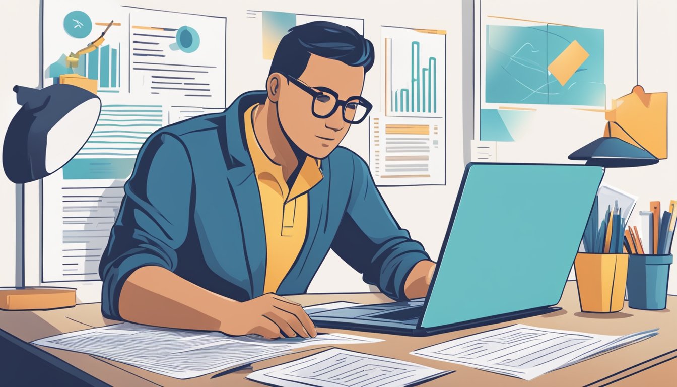 A person sitting at a desk, surrounded by paperwork and a laptop, carefully reviewing loan terms and conditions from licensed money lenders near Mountbatten, Singapore