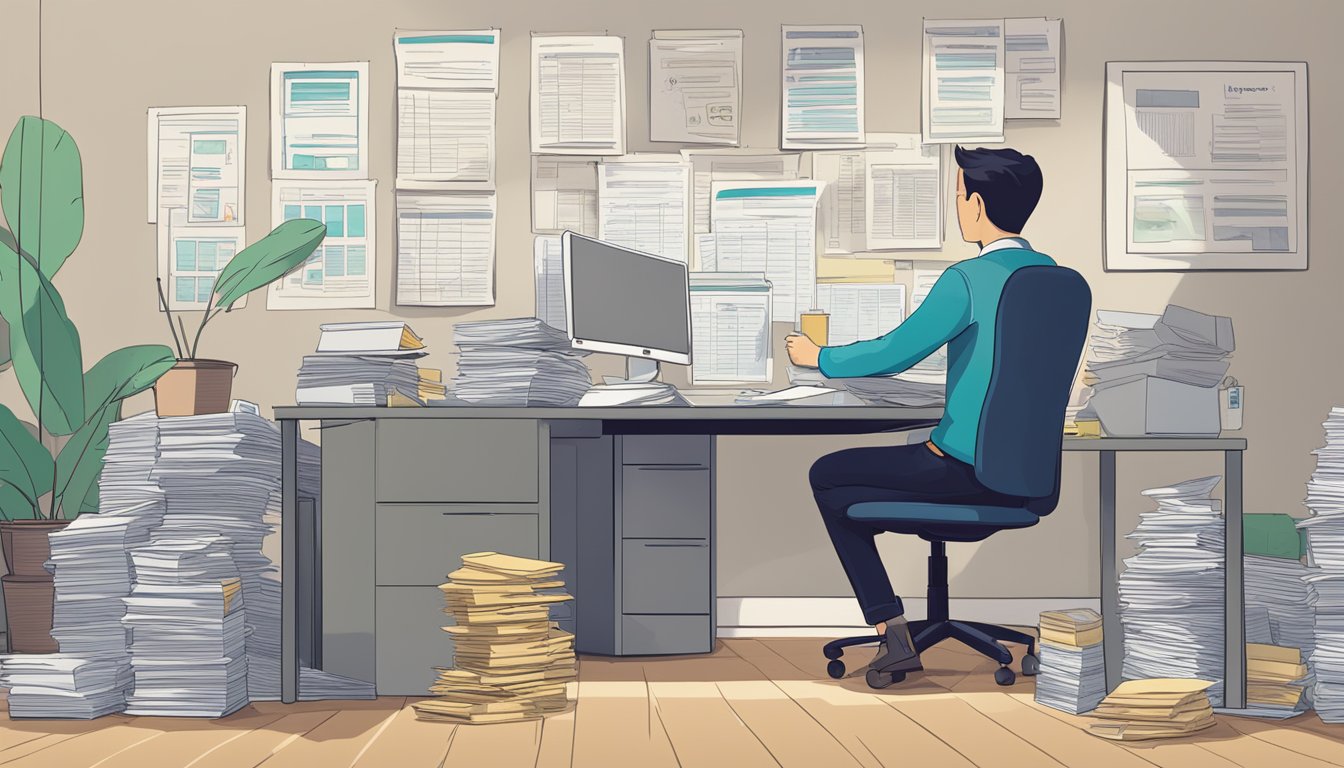 A person sitting at a desk, surrounded by paperwork and financial documents. A sign on the wall reads "Best Licensed Money Lender Near Dakota Singapore."