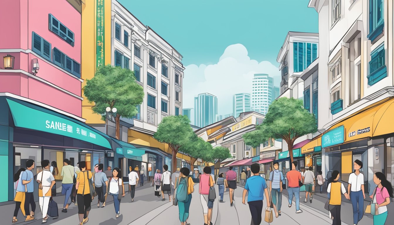 A bustling street in Clarke Quay, Singapore, with prominent signage for licensed money lenders. People walking by, considering their options