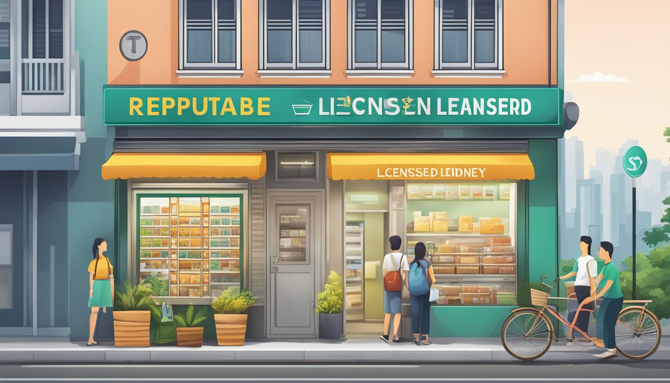A storefront with a sign reading "Reputable Licensed Money Lender" in a bustling neighborhood near MacPherson, Singapore