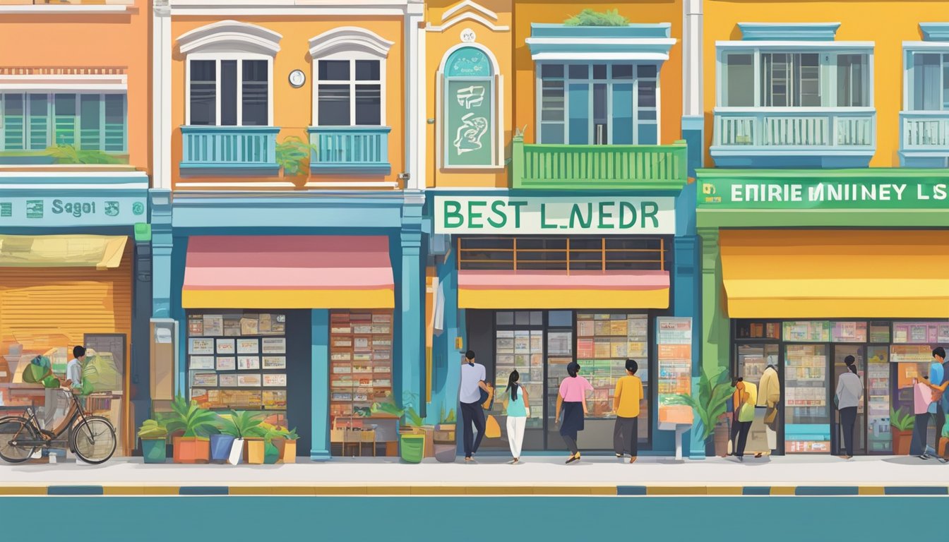 A bustling street in Little India, Singapore, with colorful signboards and a prominent storefront labeled "Best Licensed Money Lender."