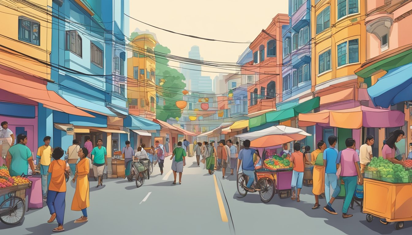 A bustling street in Little India, with colorful shops and vibrant signs. People of various cultures and backgrounds pass by, indicating the diverse community