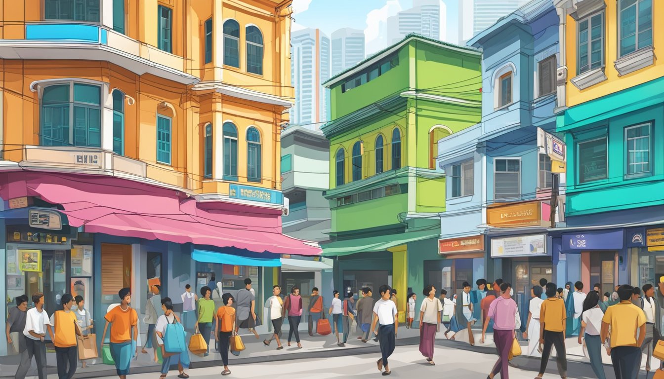 A busy street in Little India, Singapore, with colorful storefronts and a prominent licensed money lender sign. People bustling about, and a mix of traditional and modern architecture in the background