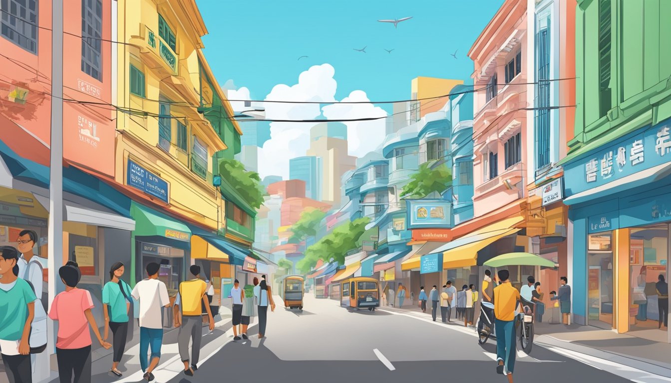 A bustling street in Little India, Singapore, with colorful storefronts and a prominent sign reading "Best Licensed Money Lender."