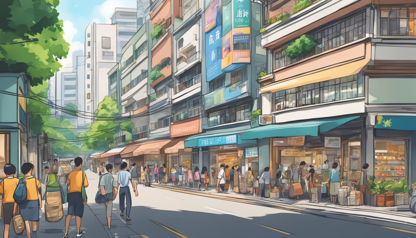 A bustling street near Tai Seng, Singapore, with a prominent sign for the "Best Licensed Money Lender" amidst a backdrop of shops and pedestrians