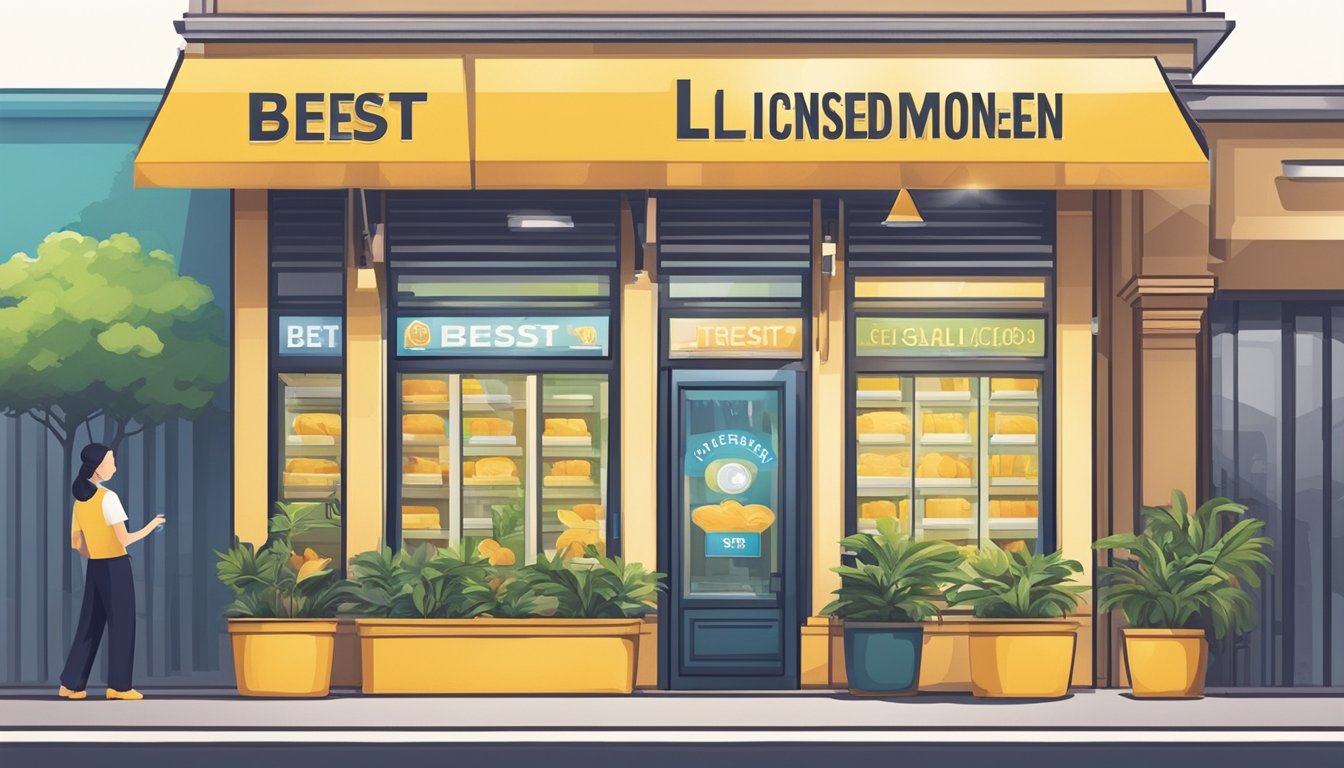 A bright and welcoming storefront with a prominent sign reading "Best Licensed Money Lender in Bartley, Singapore." Clean and professional with a sense of trust and reliability