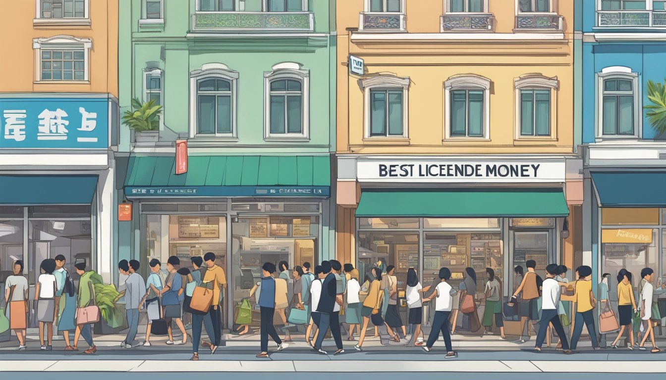 A bustling street near Marymount, Singapore, with a prominent sign reading "Best Licensed Money Lender." People are seen entering and exiting the establishment, while others wait in line outside. The surrounding area is filled with shops and businesses, adding to the