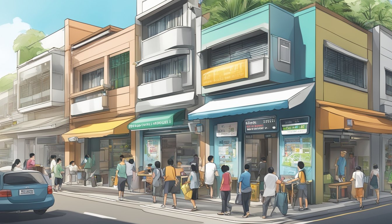 A bustling street in Potong Pasir, with a prominent sign for the "Best Licensed Money Lender" and a steady stream of customers entering and exiting the establishment