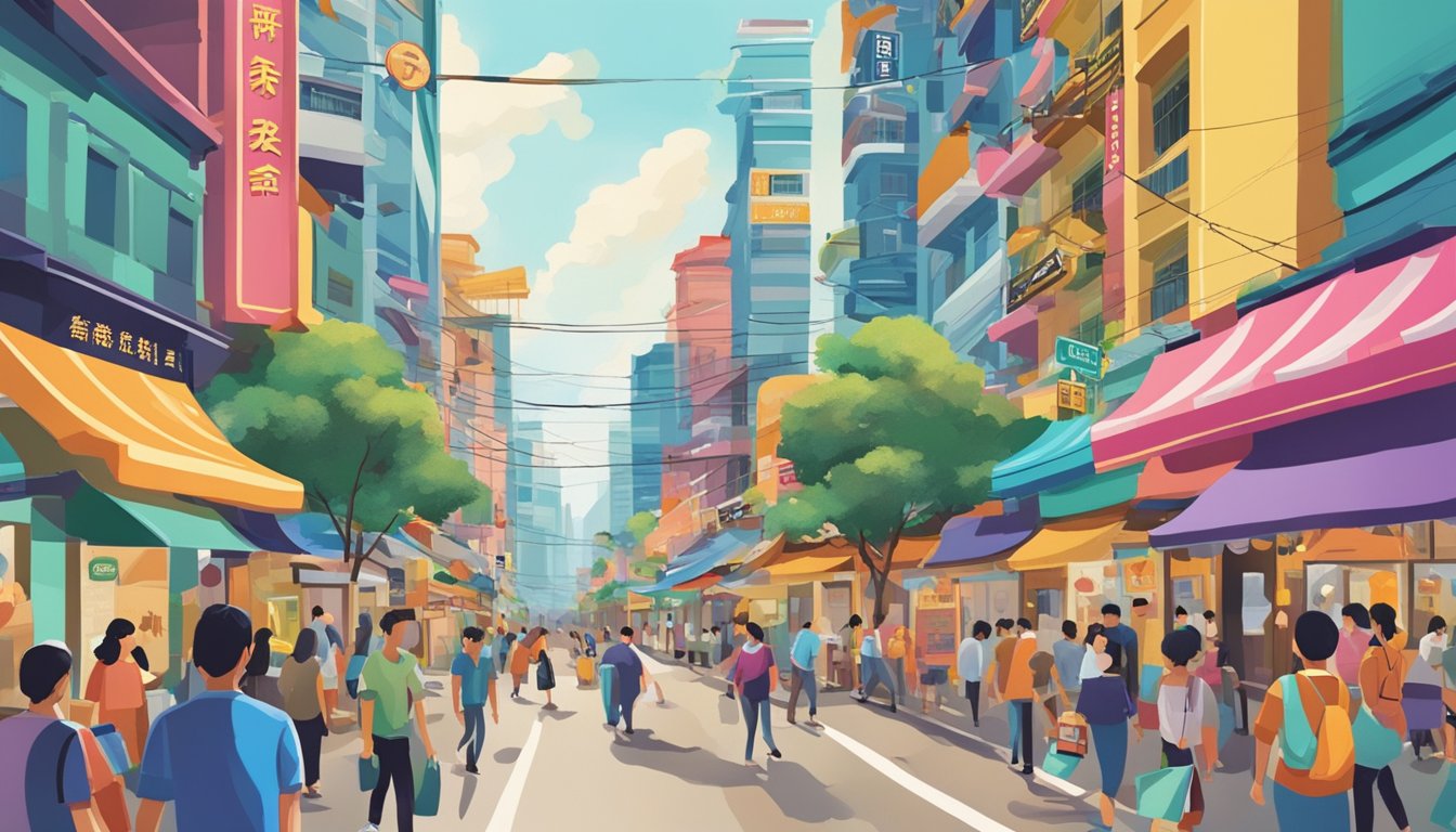 A bustling street near Tai Seng, with a prominent sign for a licensed money lender. Brightly colored buildings and busy foot traffic depict a vibrant and bustling neighborhood