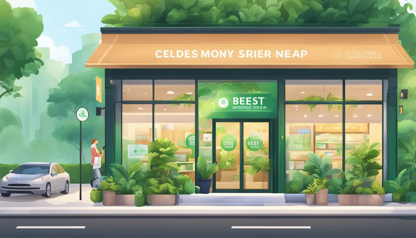 A bright and welcoming storefront with a sign reading "Best Licensed Money Lender Near Caldecott Singapore" surrounded by lush greenery