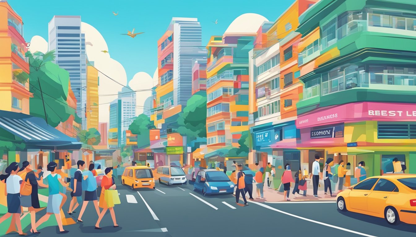 A bustling street in Bartley, Singapore, with a prominent sign for the best licensed money lender. Bright colors and a sense of professionalism