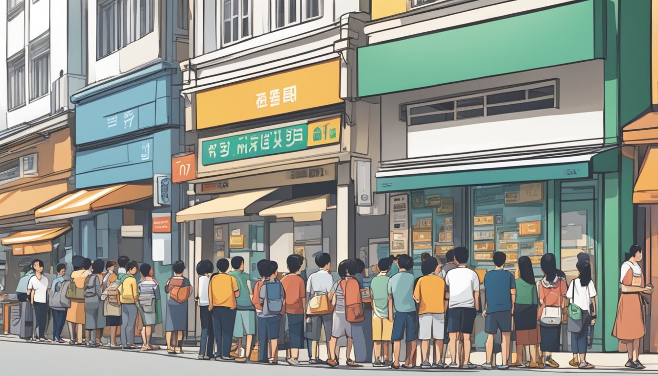 A bustling street in Tai Seng, Singapore, with a prominent licensed money lender storefront and a queue of customers waiting to inquire about borrowing options