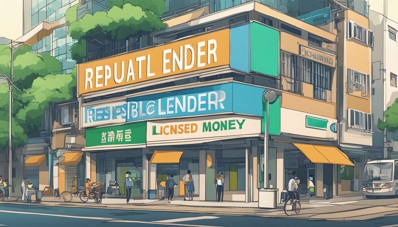 A signboard with the words "Reputable Licensed Money Lender" in bold letters, set against the backdrop of a bustling street in Bartley, Singapore