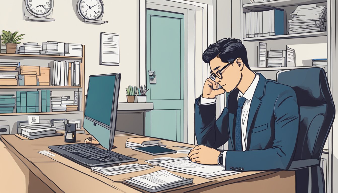 A well-dressed individual sits at a desk, surrounded by paperwork and a laptop. A sign on the wall reads "Best Licensed Money Lender in Bartley, Singapore." The person appears deep in thought, weighing important considerations before borrowing