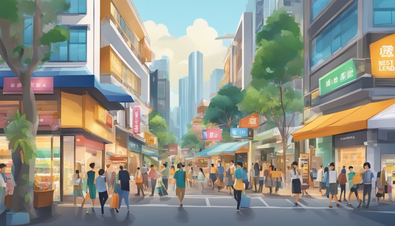A bustling street near Marymount, Singapore, with a prominent sign for the best licensed money lender, surrounded by diverse shops and people