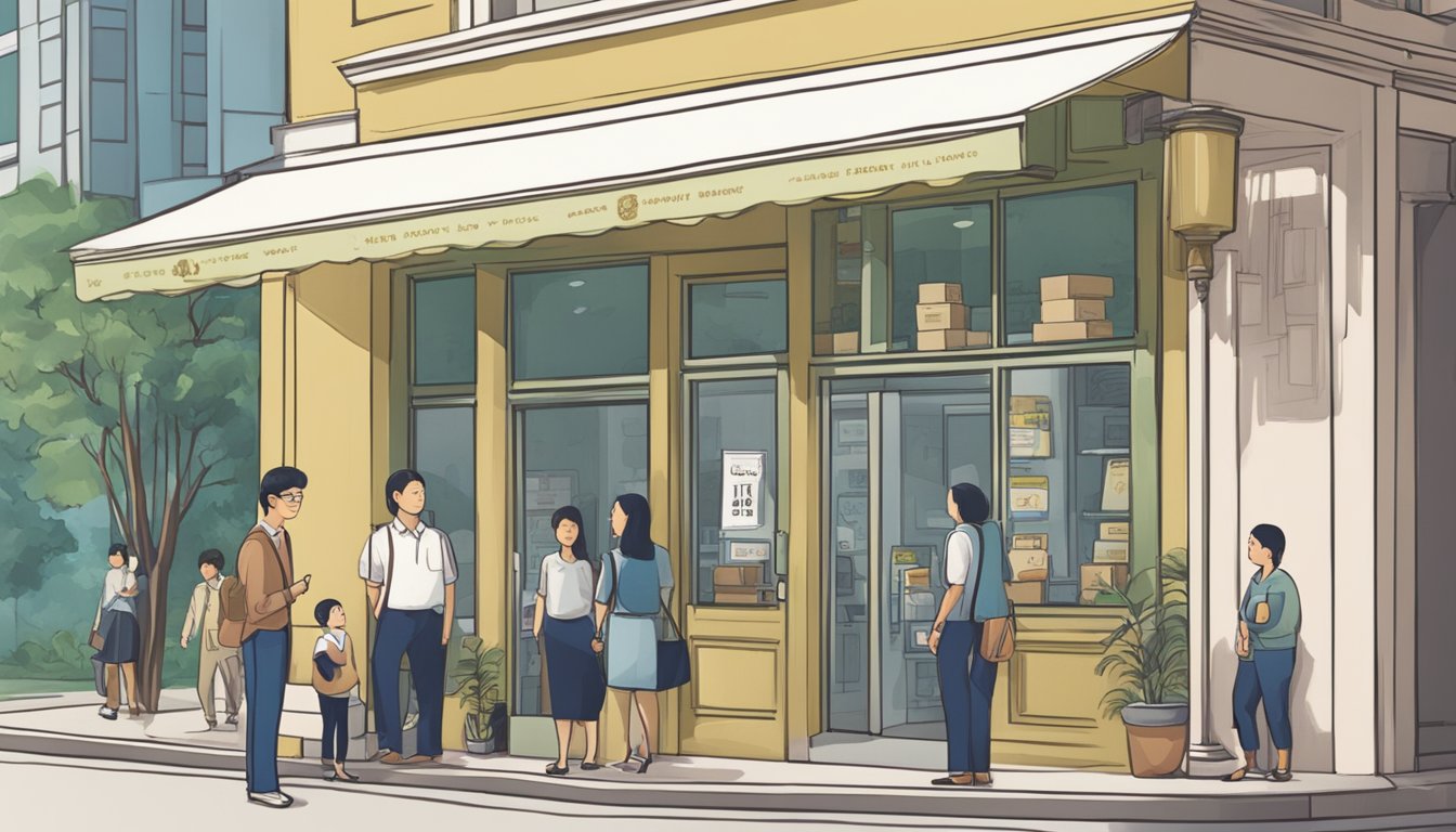 A storefront sign reads "Reputable Licensed Money Lender Near Marymount Singapore." A line of customers waits outside the door, while a professional-looking employee assists a client inside
