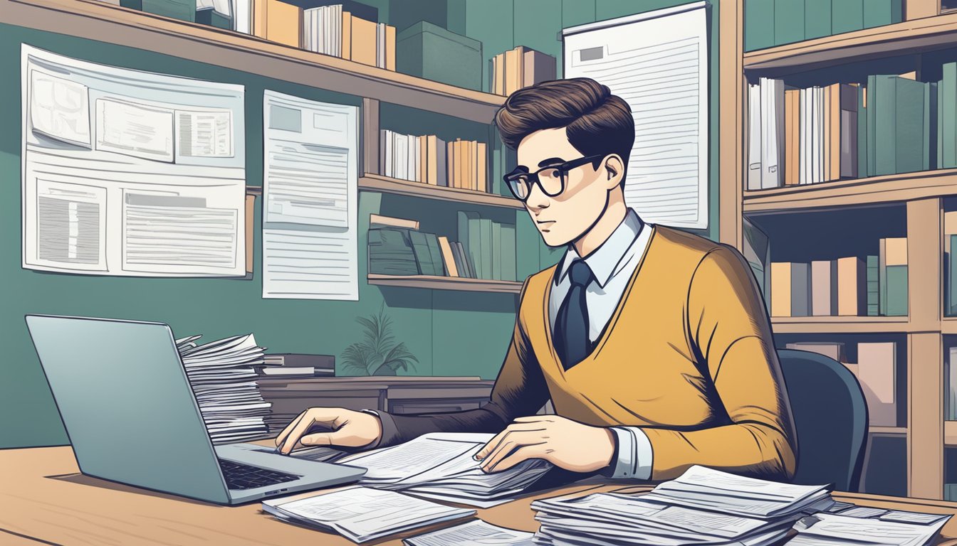 A person sitting at a desk, surrounded by financial documents and a laptop, pondering the best licensed money lender near Marymount, Singapore
