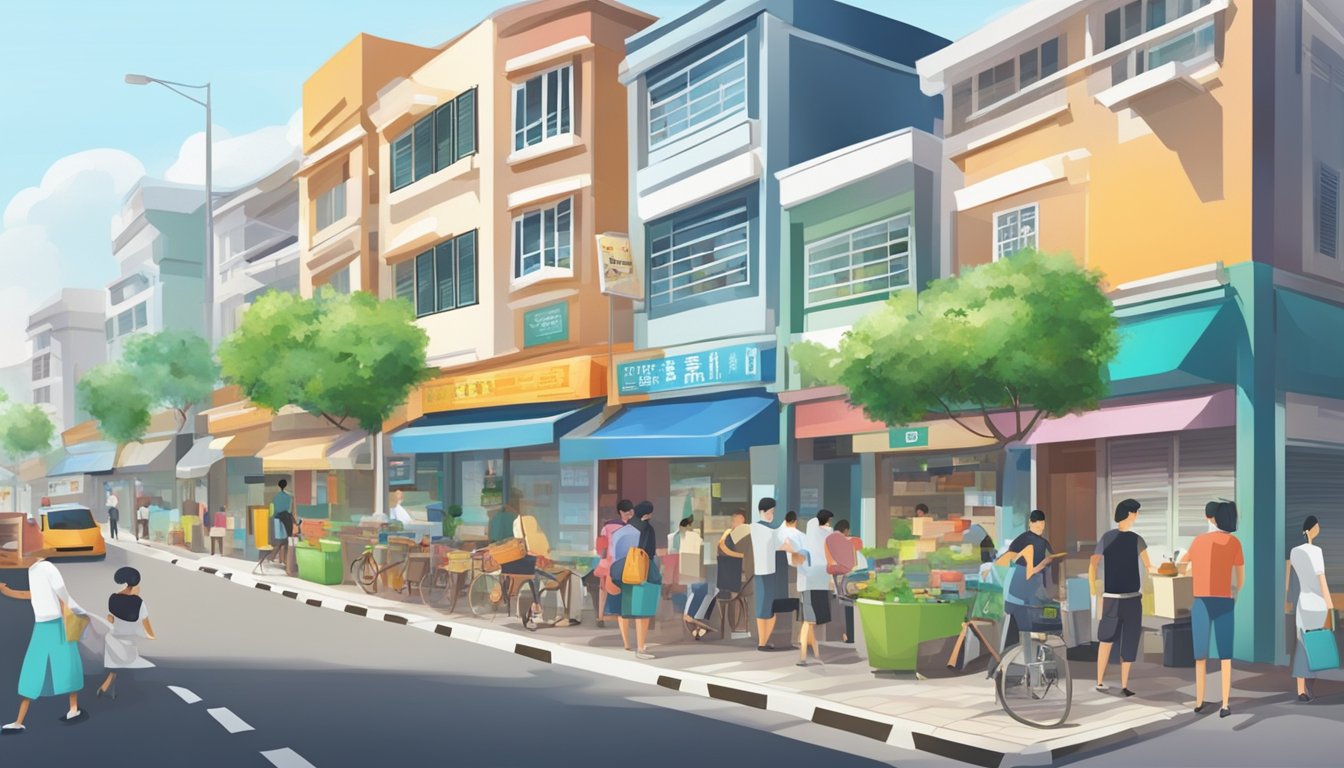 A bustling street near Potong Pasir with a prominent sign for a licensed money lender, surrounded by various shops and businesses