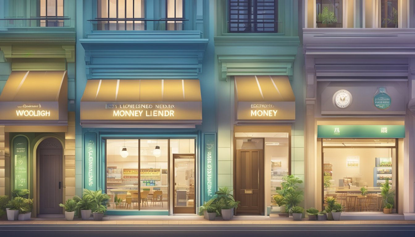A storefront with a prominent sign reading "Best Licensed Money Lender Near Woodleigh Singapore." Bright and welcoming, with modern decor and a steady flow of customers