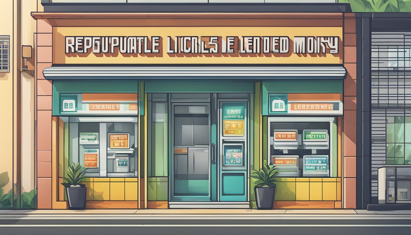 A storefront sign with "Reputable Licensed Money Lender" in bold letters, located near Potong Pasir, Singapore. The building is clean and professional-looking
