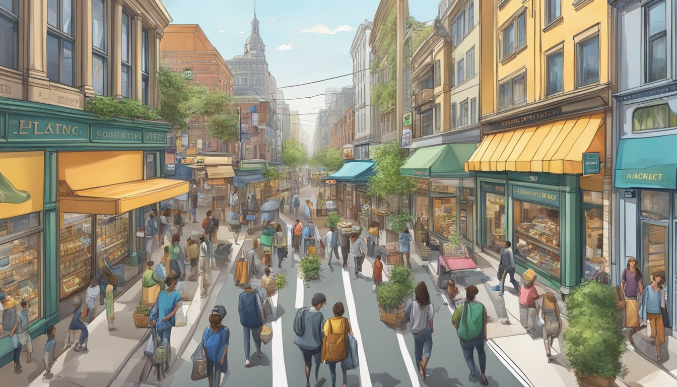 A bustling street near Caldecott with a prominent licensed money lender storefront, surrounded by diverse businesses and busy foot traffic