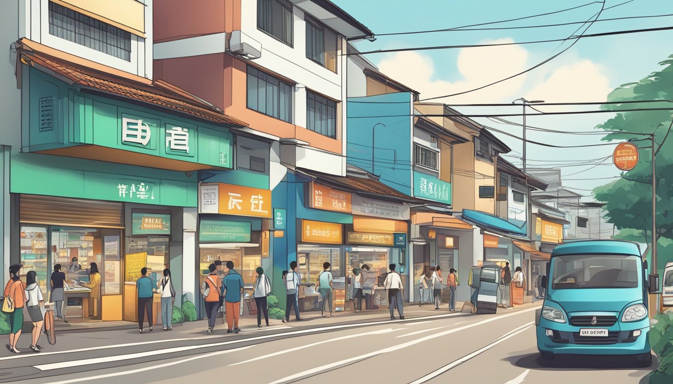 A bustling street in Potong Pasir, Singapore, with a prominent sign reading "Best Licensed Money Lender." People inquire and exchange money inside