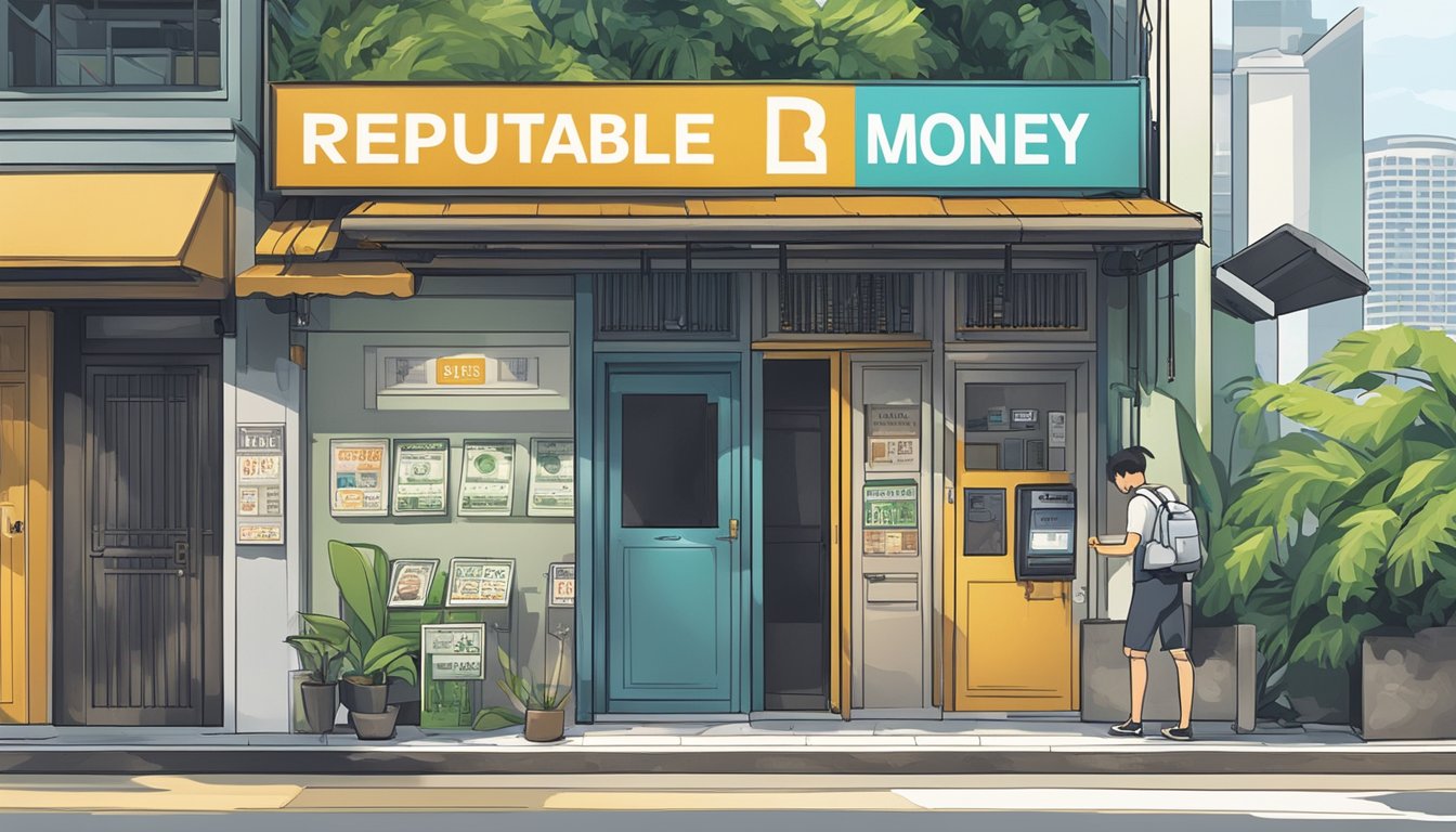 A signboard with "Reputable Licensed Money Lender" in bold letters, located near Caldecott, Singapore. Displayed prominently with contact information