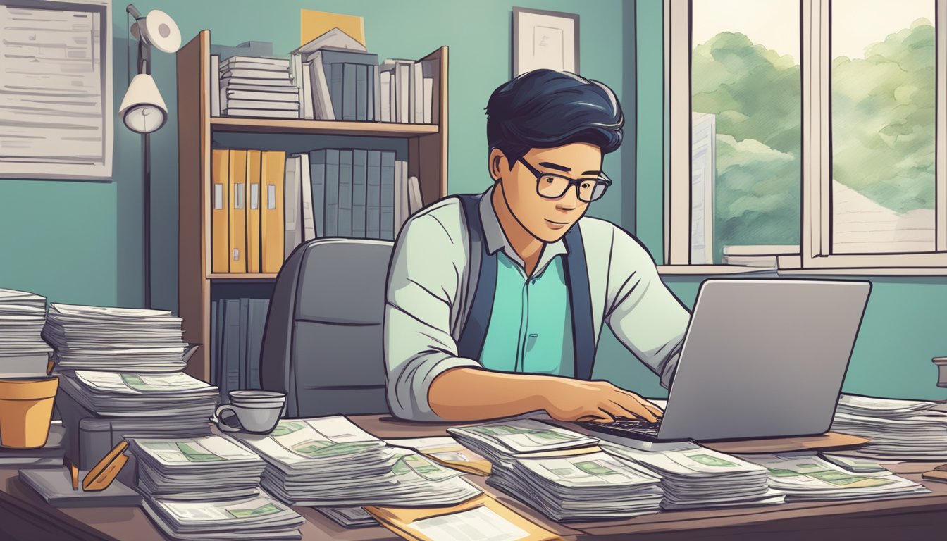 A person researching best licensed money lenders in Caldecott, Singapore, surrounded by financial documents, a laptop, and a calculator