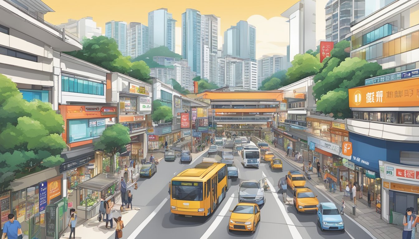 A bustling street near Woodleigh MRT station, with a prominent sign for a licensed money lender, surrounded by various shops and businesses