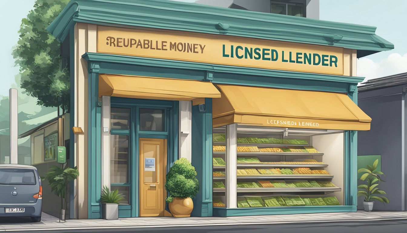 A storefront sign reads "Reputable Licensed Money Lender" near Woodleigh, Singapore. The building is clean and professional, with a welcoming atmosphere
