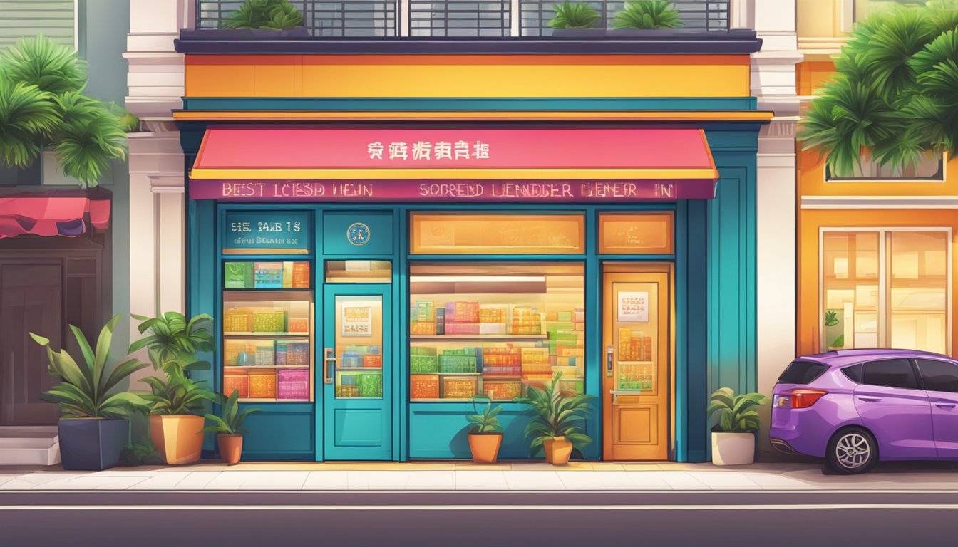 A vibrant storefront with a bold sign reading "Best Licensed Money Lender in Serangoon Singapore." Bright colors and welcoming atmosphere