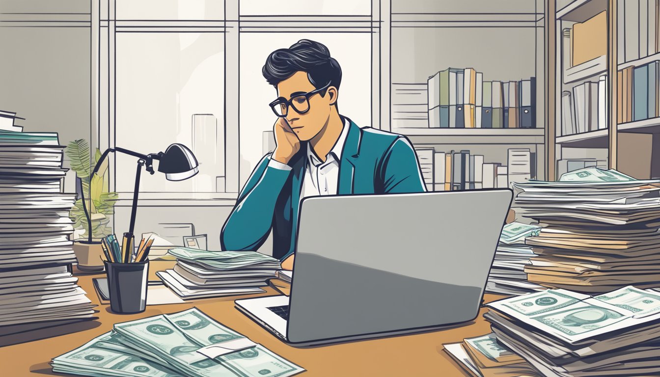 A person sitting at a desk, surrounded by paperwork and a laptop, researching licensed money lenders near Woodleigh, Singapore. The person is deep in thought, considering important factors before borrowing