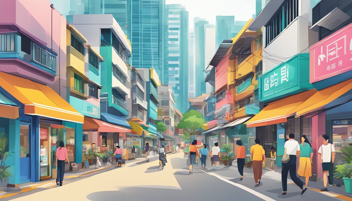A bustling street in Kovan, Singapore, with a prominent sign reading "Best Licensed Money Lender." Bright colors and a mix of traditional and modern architecture