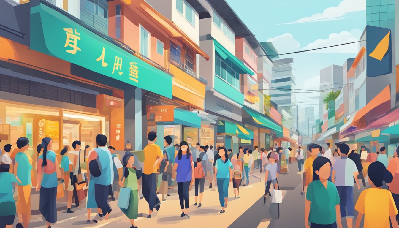 A bustling street in Serangoon, with a prominent sign for the best licensed money lender. Bright colors and busy foot traffic