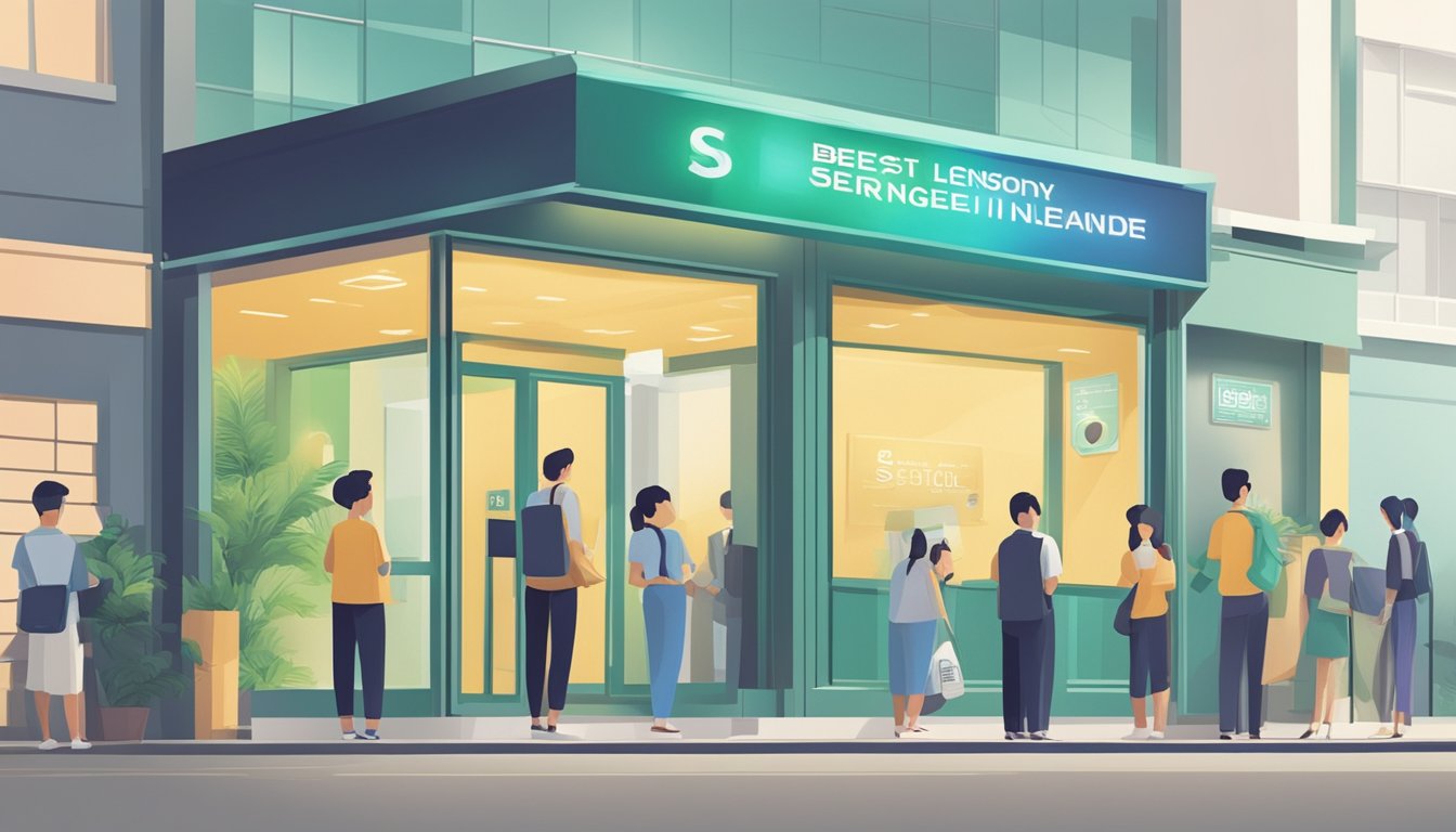 A storefront sign reads "Best Licensed Money Lender in Serangoon Singapore." Customers line up outside the office, waiting to enter. The building is clean and professional, with a modern design