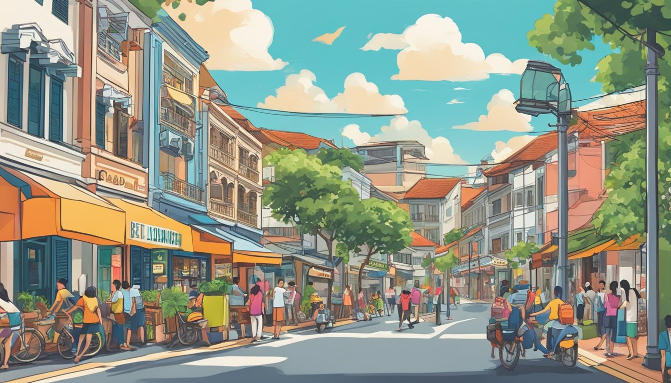 A bustling street in Holland Village, Singapore. A prominent sign reads "Best Licensed Money Lender" in bold letters. Colorful storefronts line the busy road, with locals and tourists milling about