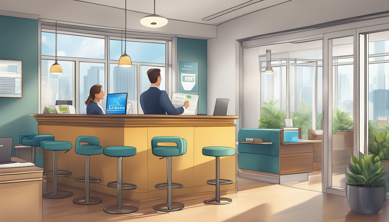 A well-lit office with a professional-looking money lender sign, a comfortable seating area, and a secure-looking transaction counter